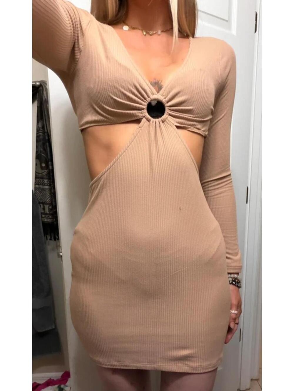 Ultra Flirt Tan Long Sleeve Dress - Picture 3 of 6